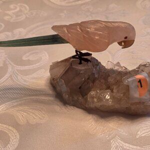 Vintage 1950s Hand Carved Gemstone Parrot on A Perch